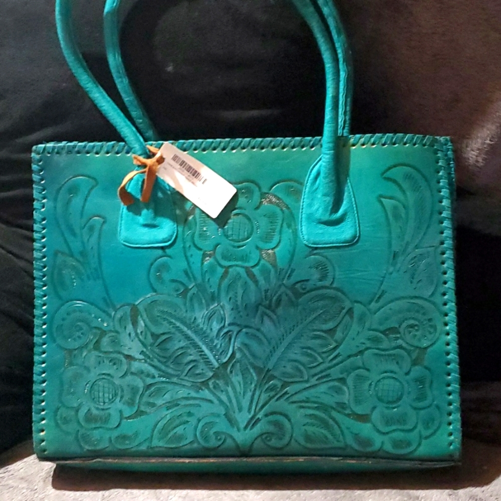 JUAN ANTONIO, 12×15 HAND BAG. BRAND NEW WITH TAGS HAND TOOLED LEATHER TOTE, TURQ